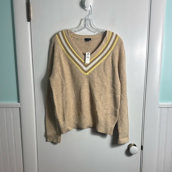 NWT Talbots Textured V Neck Pullover Tipped Cotton Blend Sweater Academia Large - Picture 2 of 9